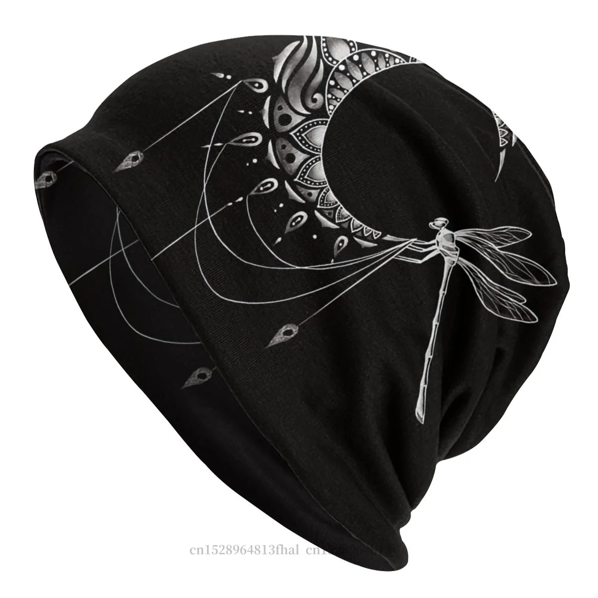 

Gothic Skullies Beanies Caps Intricate Half Crescent Moon With Dragonfly Tattoo Design Hat Bonnet Hats Men Women's Hip Hop Cap