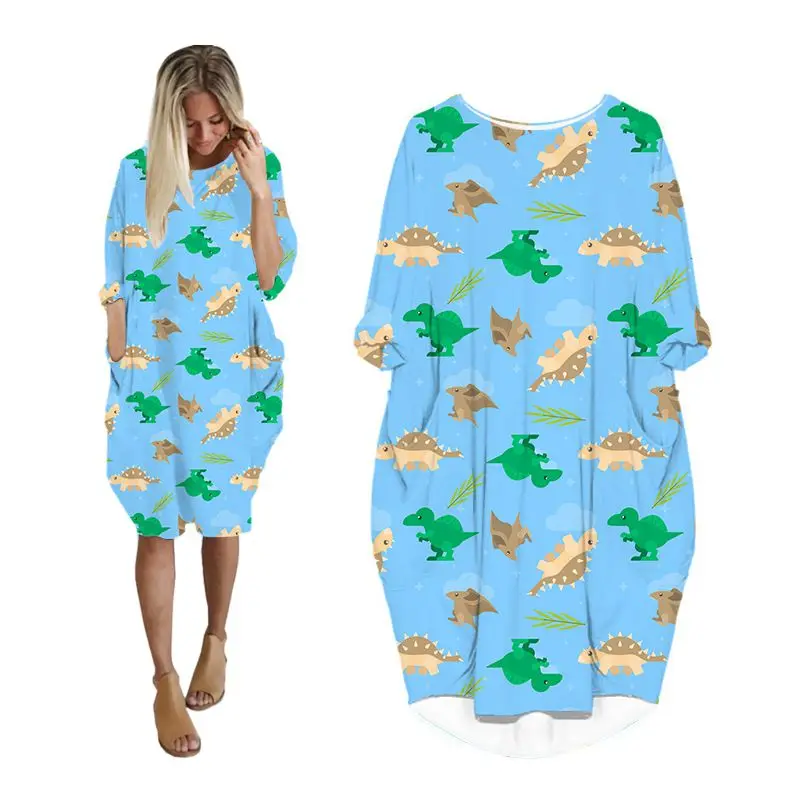 

Платье женское с карманами и длинным рукавом, Повседневная модная одежда, мультяшный динозавр, большие размеры