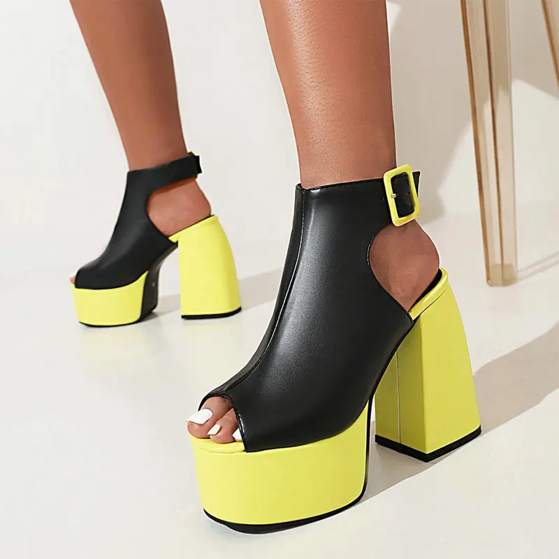 

2022 Newest Neon Yellow Heels Contrast Color Peep Toe Female Summer Boots Sandals Platform Chunky High Heel Shoes Sandles Women