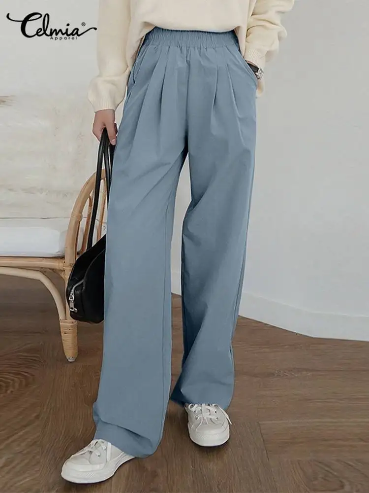 

Celmia Women Leisure Pants Pockets Elegant Pantalon Elastic Waist Pleats Long Trouser All-match Autumn Solid Color Straight Pant
