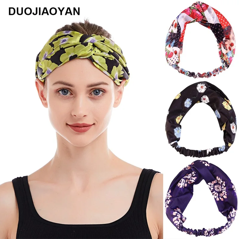 

New European and American fruit printed elastic cross headband ultra wide elastic middle knot sports Headband