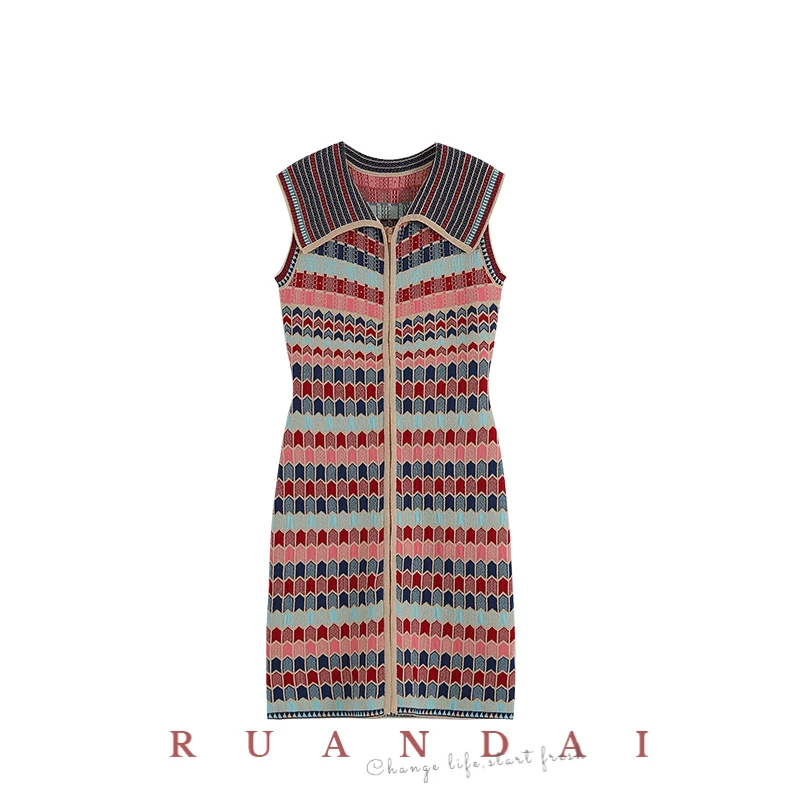 Tweed Sleeveless A-line Skirt for RUANDAI 2022 Summer New Stitching Color Lapel High Waist Slim Zipper Knitted Dress Women