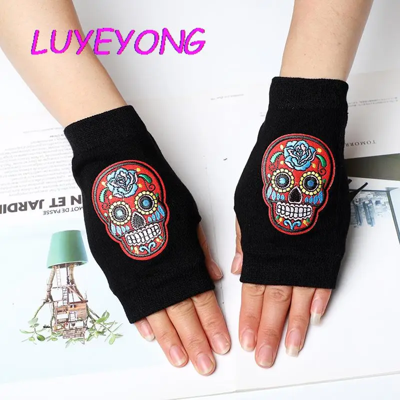 

Hipster Embroidery Cool Elbow Wrist Length Mittens Fingerless Cuff Ninja Punk Unisex Glove Women Gothic Black Skull Gloves 2022