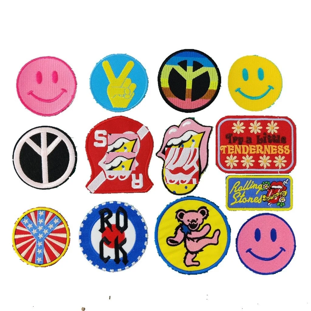 

Fabric Sewing Accessories IRON On Parch Badge PEACE SIGN ROCK AND ROLL ROUND BADGE BEAR SMILE FACE TONGUE Embroidered PATCHWORK
