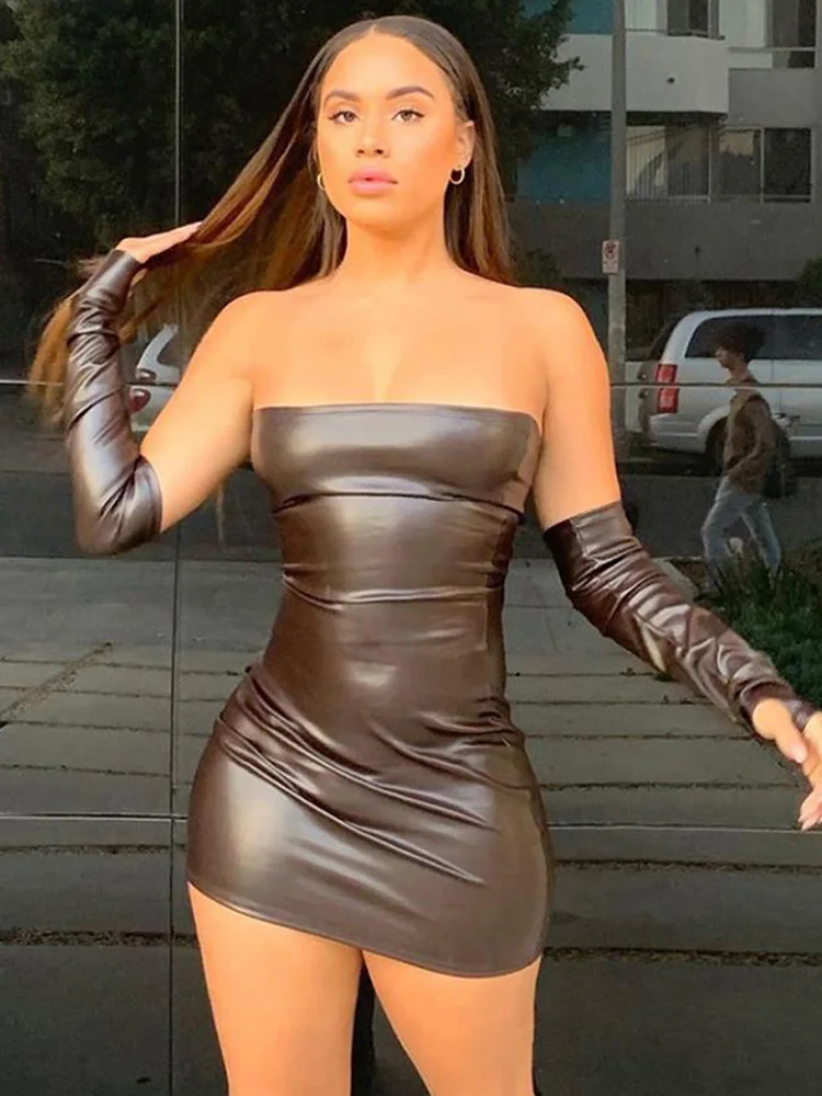 

Sexy Leather Strapless Bodycon Dress Backless Summer Women Clothes Streetwear Solid Mini Dress Spicy Girl Hot Vestido De Mujer