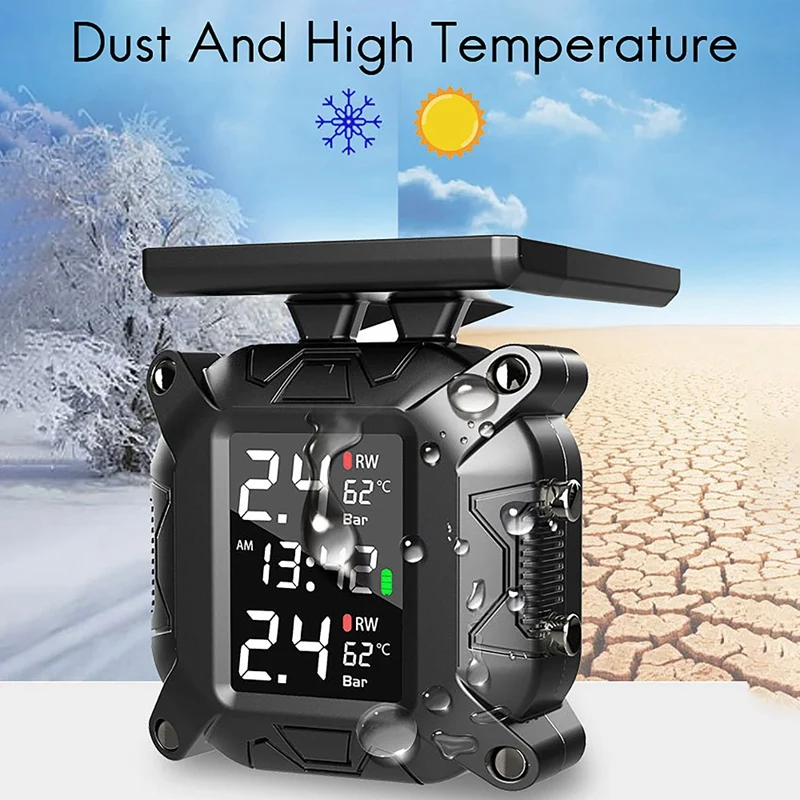 

Wireless Motorcycle TPMS Tire Pressure Monitoring System Solar External Sensor LCD Display Temperature Monitor Alarm