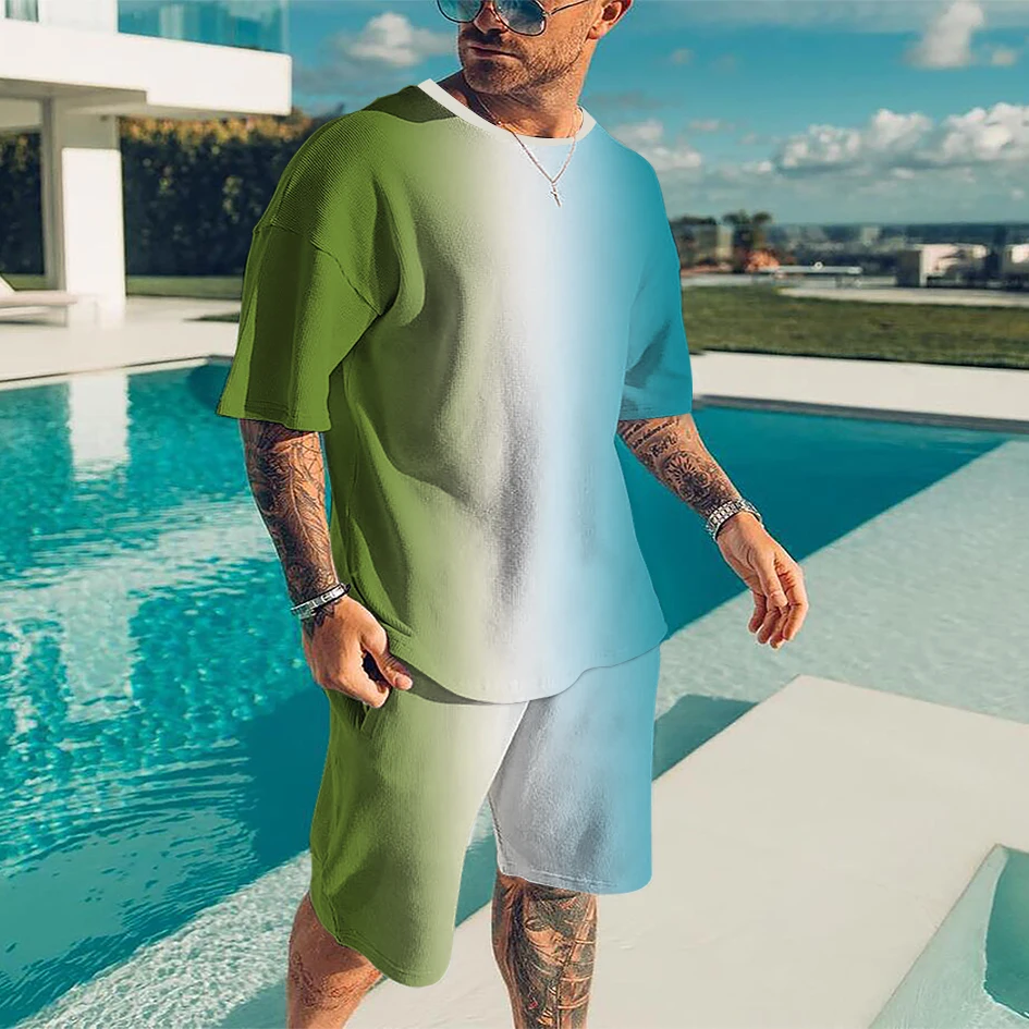 

Summer Men's Set Of 2 Pieces Oversized Quick Drying Set 3D Printing Gradient Beach Style Set Fashionable Street Men's Set