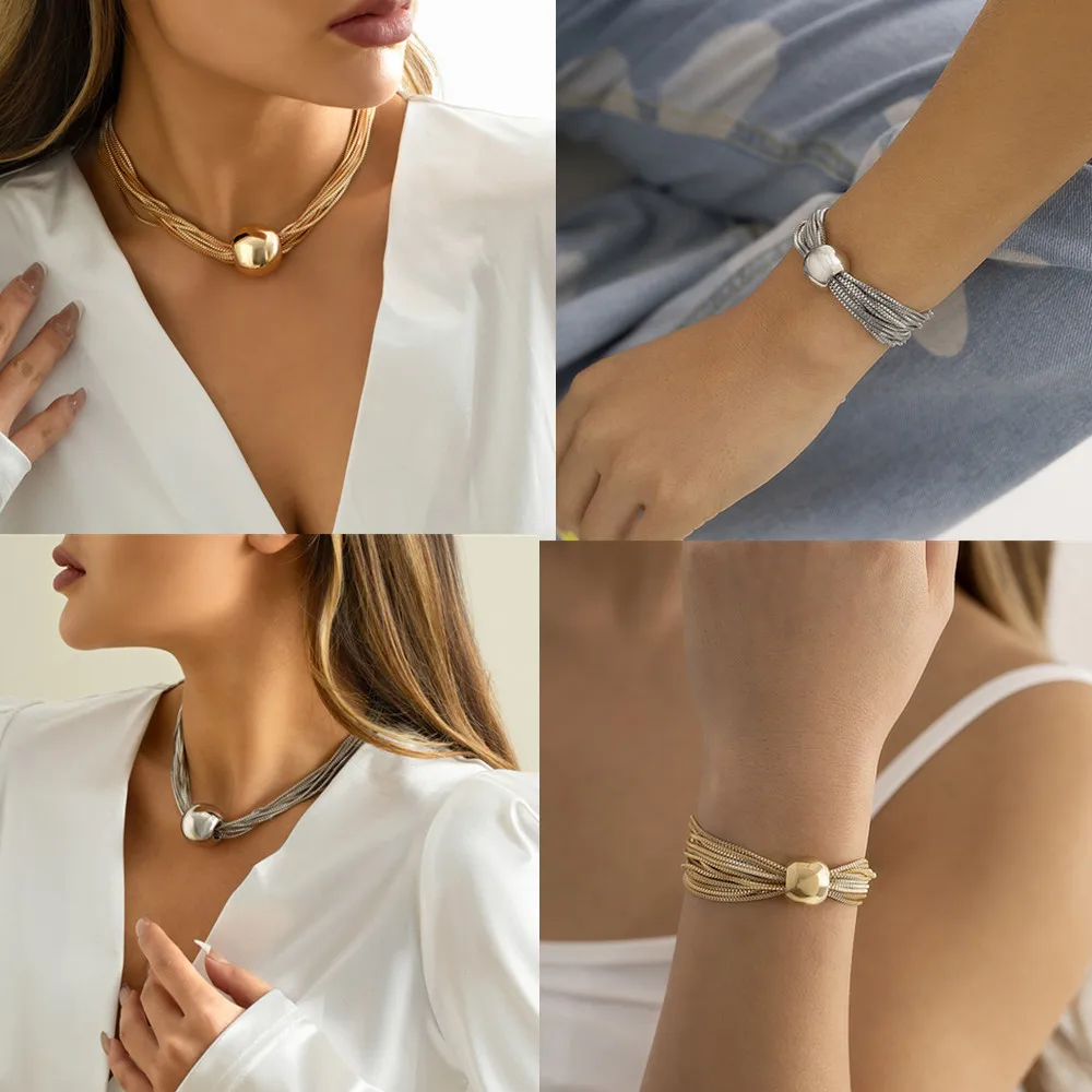 

Choker Chunky Necklace For Women Jewelry Sets Fashion Jewellery Gold Pearl Collar Link Chain Collare Earrings Bracelet Bangle