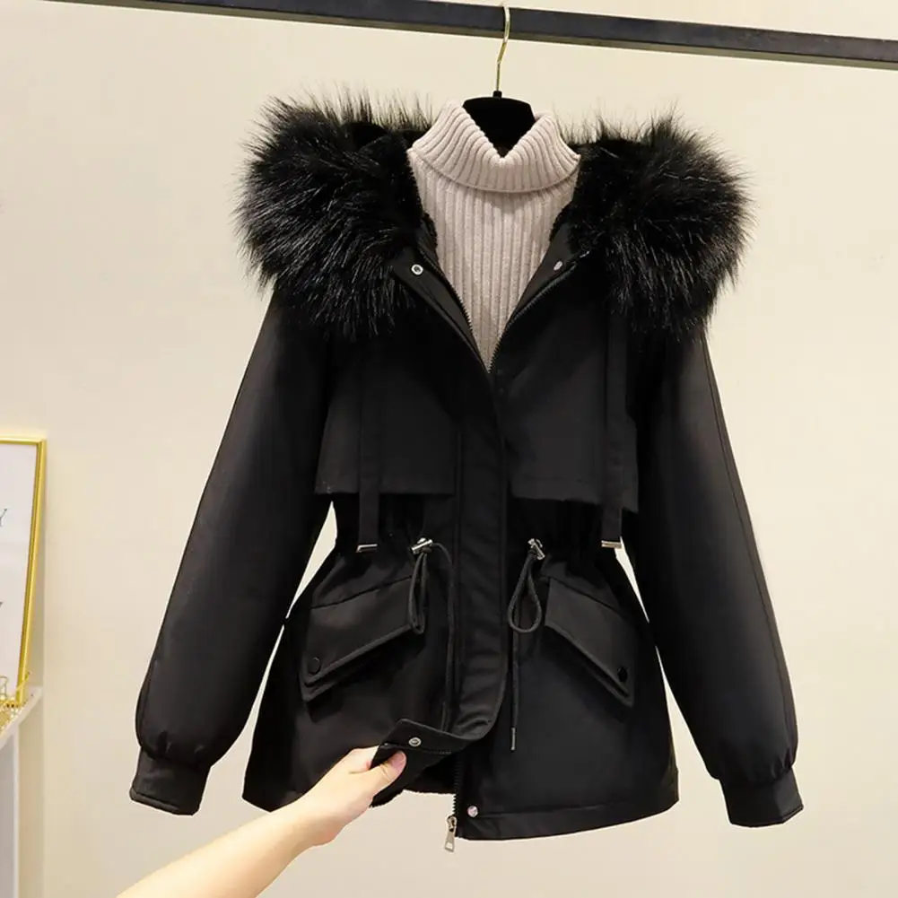 Long Sleeves Waist Drawstring Zipper Buttons Closure Pockets Women Coat Winter Faux Fur Hooded Fleece Lined Mid-Length Down Jack