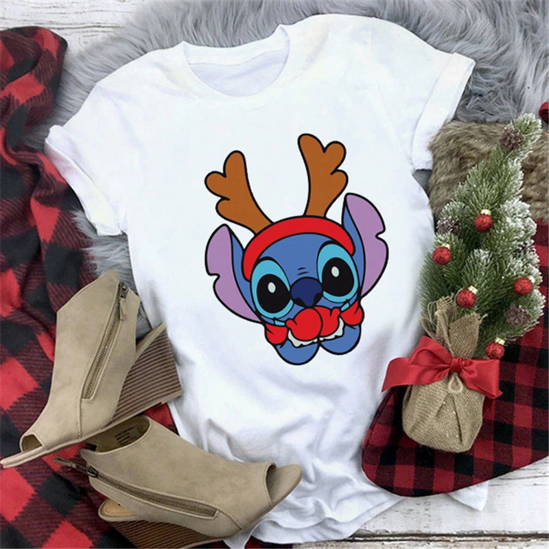 

Disney Lilo Stitch Kawaii Christmas Cartoon T Shirt Women Funny Ohana Stitch T-shirt Graphic Manga Tshirt Streetwear Tops Female