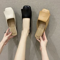 baotou temperament half slippers womens 2022 summer mules outdoor black flat retro ladies square toe slippers flat sandals