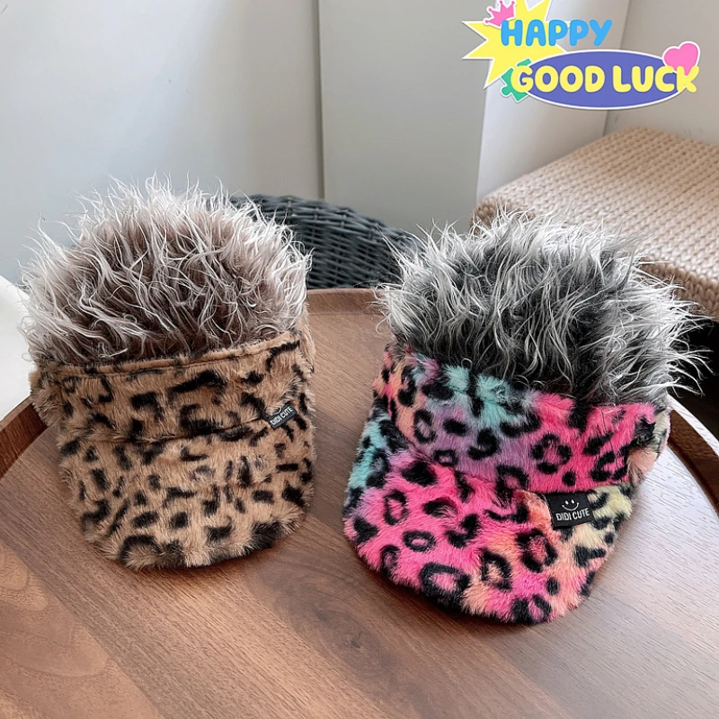 

Kids Winter Baseball Hat Autumn Wig Leopard Print All-in-one Fashion Personalized Peaked Cap Street Hip-hop Curved Brim Chapeau