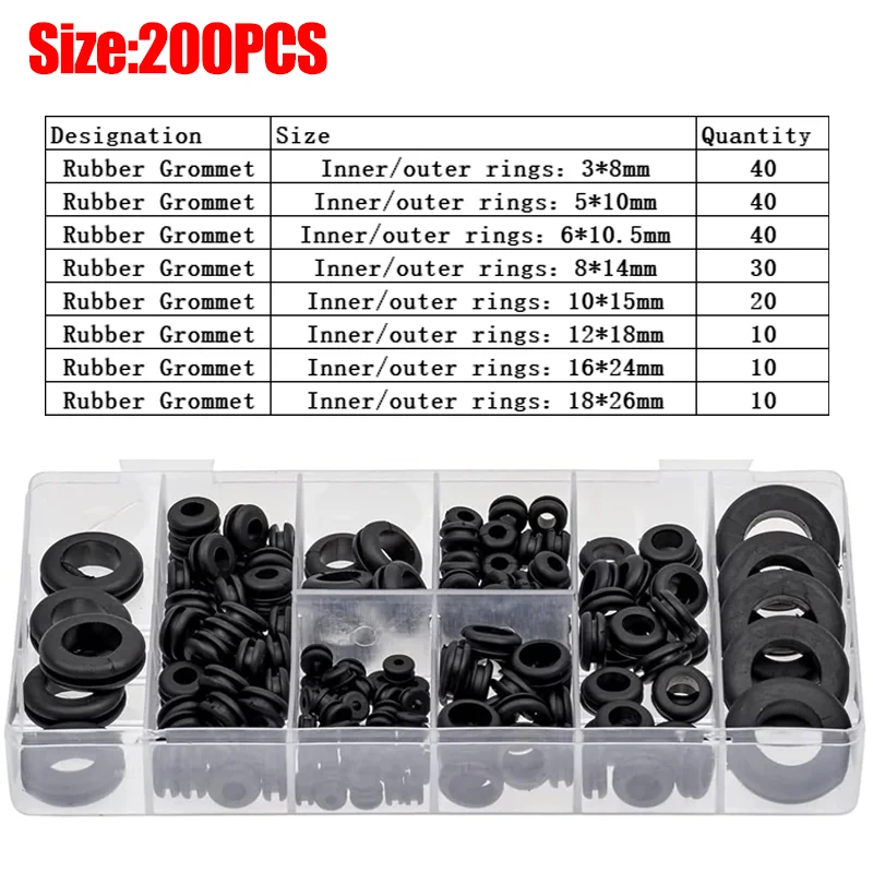 

Резиновые втулки для проводки, черный, 260/180 шт.