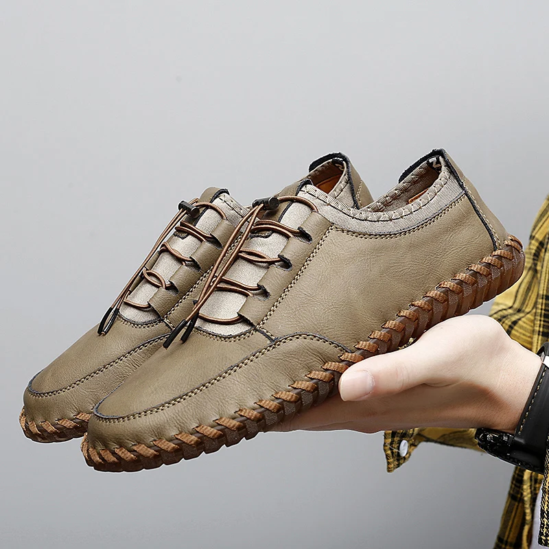 

Summer New Men Casual Shoes Fashionable and Comfortable Hand-stitched Shoes Beef Tendon Bottom Business Leather Large Size Shoes