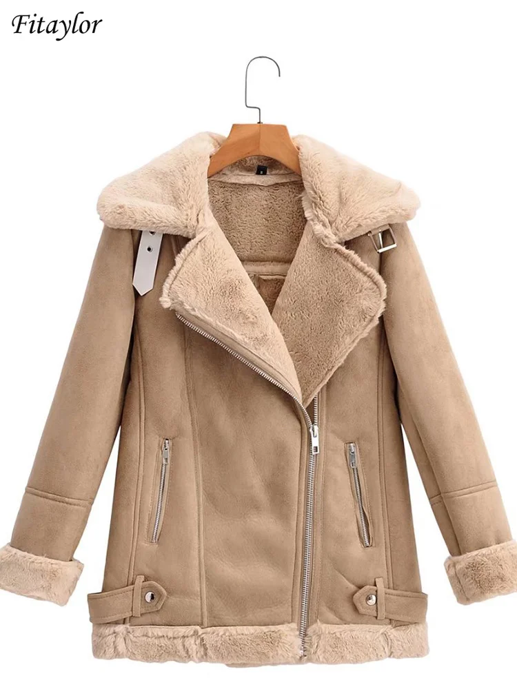 Brown Faux Leather Long Jacket Women Winter Warm Faux Fur Sheepskin Coat Lacasual Long Sleeve Elegant Motobike Outwear