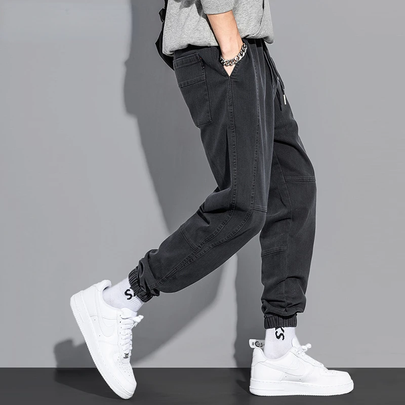 loose  Ankle leg-tied jeans pants trousers streetwear men Korea style harlan black  y2k Drawstring  Casual  Spring and Autumn