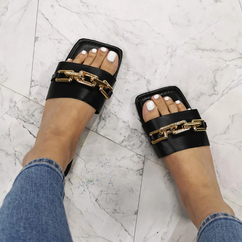 

Summer Fashion Women's Sandals Solid Color Chain Ladies Outdoor Slides Flat Breathable Beach Shoes Woman Plus Size Flip Flops
