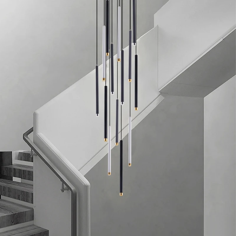 

Creative Circular Tube Mixed Color Staircase Chandelier Modern Minimalist Villa Living Room Dining Room LED Long Chandelier