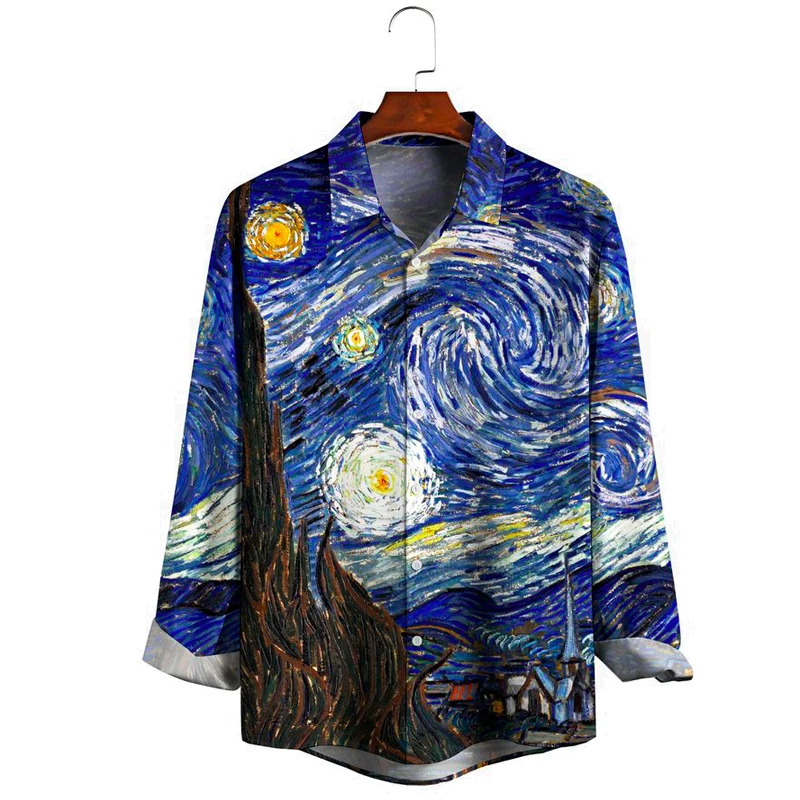 Mens Vincent Van Gogh Starry Night Print Front Buttons Soft Breathable Chest Pocket Casual Shirts