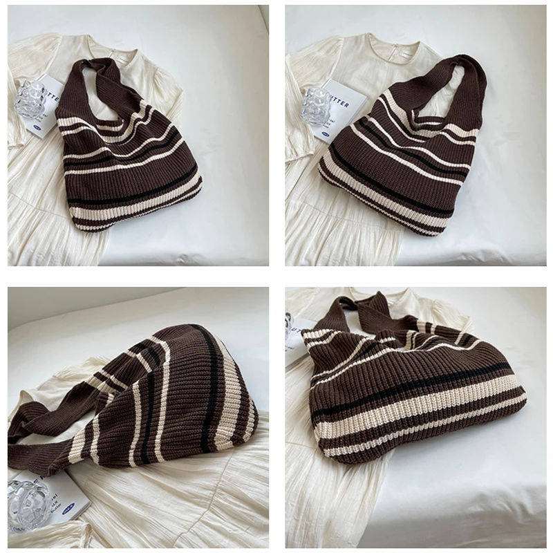 Striped Knitted Women's Bag Knit Eco Bag Korean Shopper Y2K Crochet Rope Shoulder Bag Female Knitting Handbag Student Hobos Book
