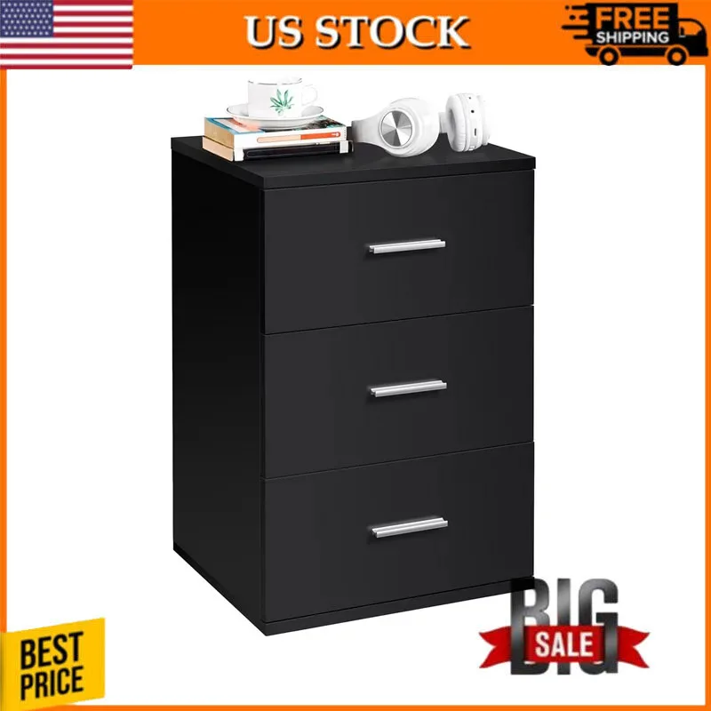 

End Tables with Storage 3 Drawer Wooden Nightstand with Metal Handles for Bedroom, Black End Tables