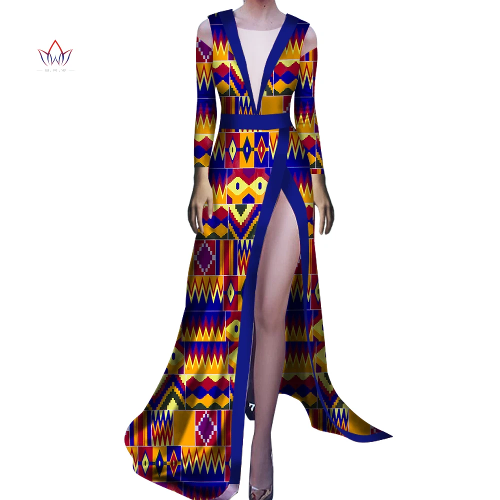 

Африканская одежда для женщин, традиционная Анкара 2023, новая мода, Дашики с принтом, платье с длинным рукавом, ажурный халат с высоким разрезом WY5910