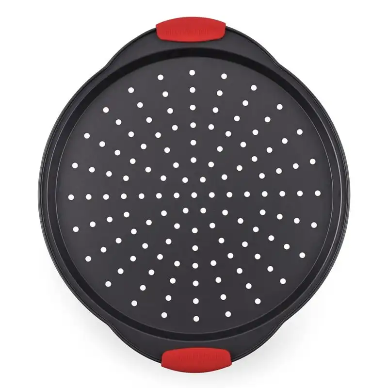 

Pizza Tray - with Silicone Handle, Round Steel Non-stick Pan with Perforated Holes, Premium Bakeware, Pizza Tray with Silicone a