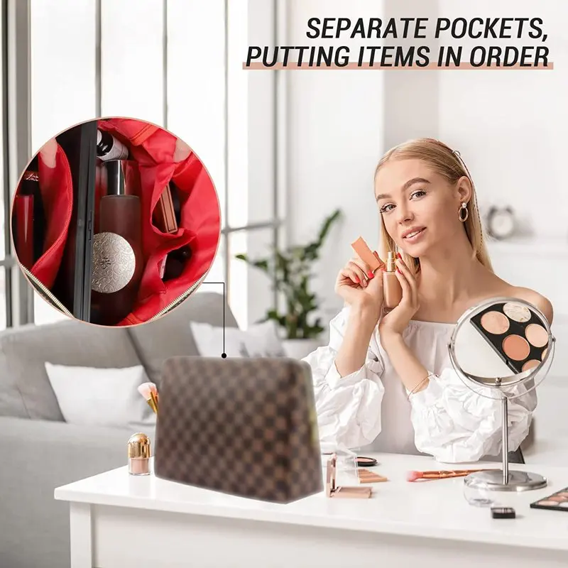 Checkered Makeup Bag,  2Pcs Travel Cosmetic Bags, Portable Toiletry Organizer for Women, Lightweight and Waterproof Leather Toil