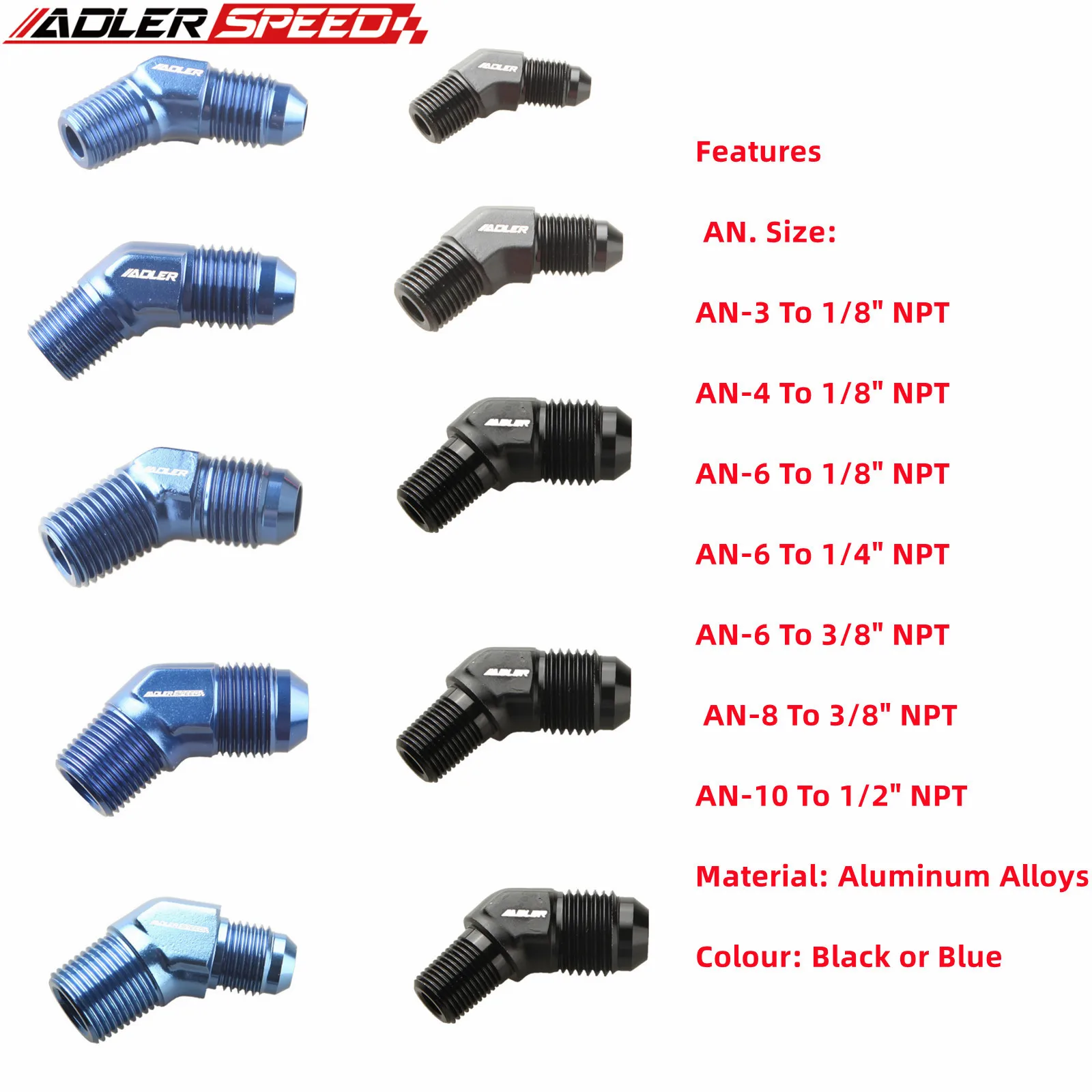 Адаптер ADLERSPEED AN3 AN4 AN6 AN8 AN10 штекер на 1/8 1/4 3/8 1/2 дюйма NPT 45 градусов синий/черный