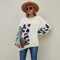 2022 autumn and winter womens fashion leopard print colorblock plaid pullover mink fleece loose casual warm sweater