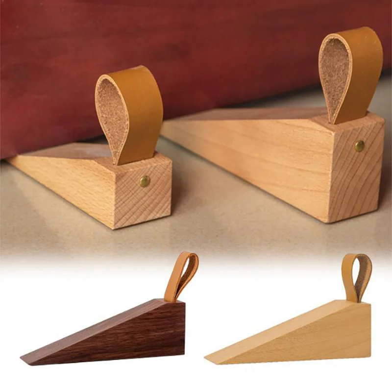 

Nordic Style Wooden Door Stop Heavy Duty Beech Door Stopper Baby Finger Protector Door Wedge Holder with Hanging Leather