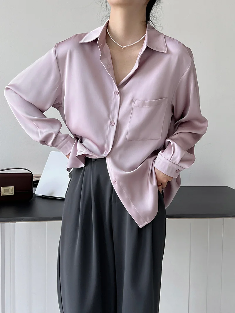 

Spring New Acetate Satin Women Shirts Turn Down Collar Long Sleeve Loose Pocket Single Breasted Basic Casual Shirts Tops