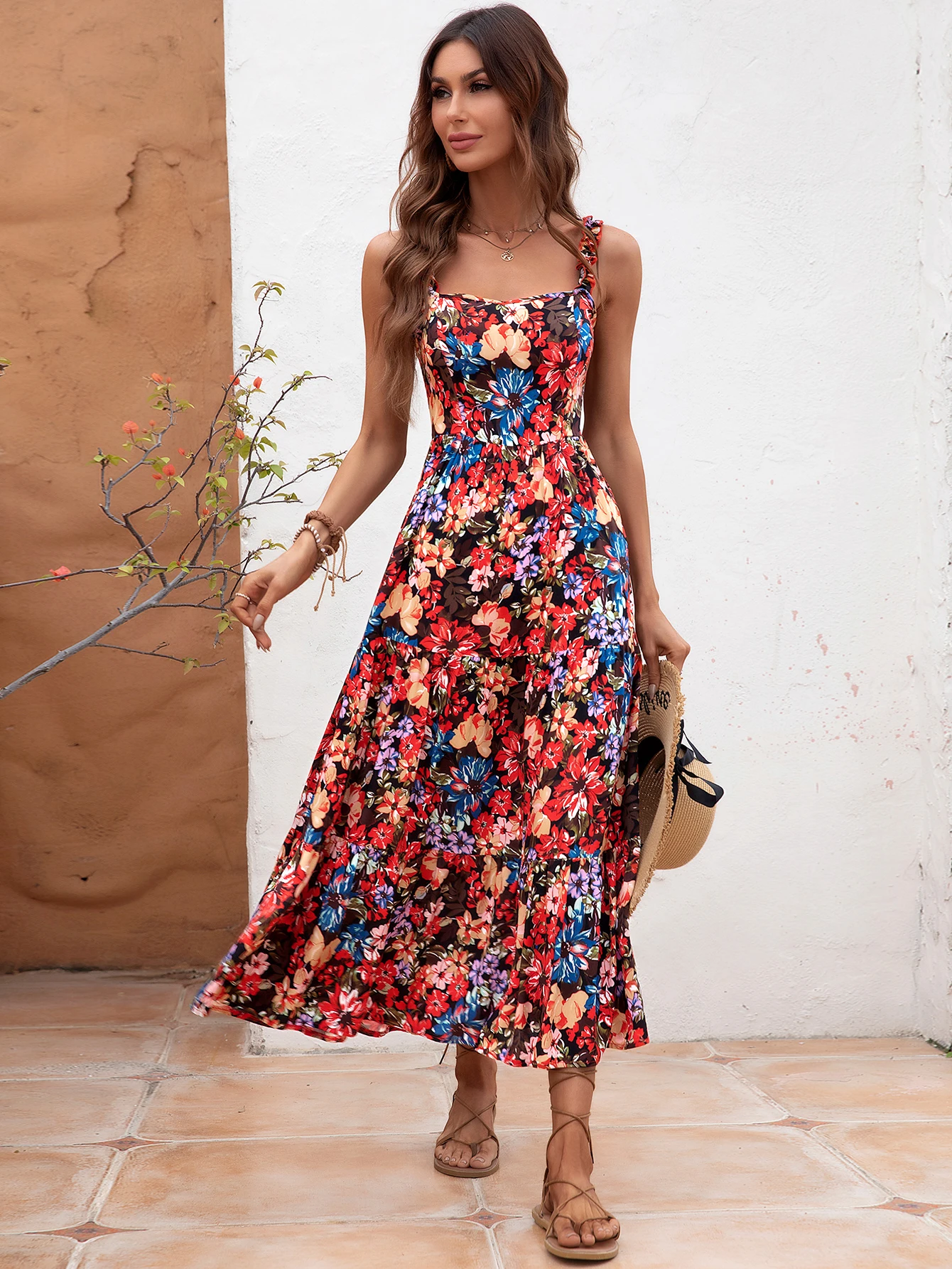 

Flounce Ruffle Hem Cami Long Dress Allover Floral Print Multicolor Boho Straps Sleeveless High Waist