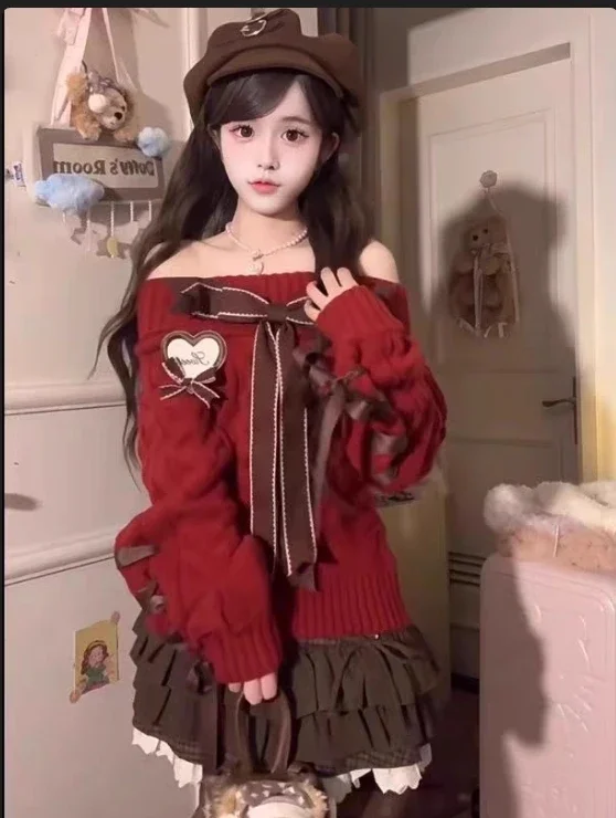 Рождественские красные милые крутые свитера женские облегающие с открытыми