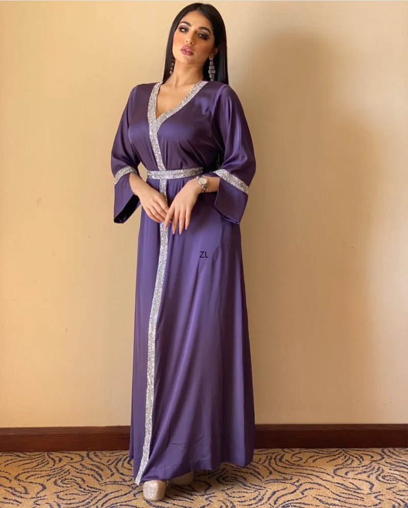 Satin Dubai Abaya Jalabiya Luxury Diamond V Neck Long Sleeve Tie Waist Muslim Women Islamic Clothes  Arabic Turkey Dubai Kaftan