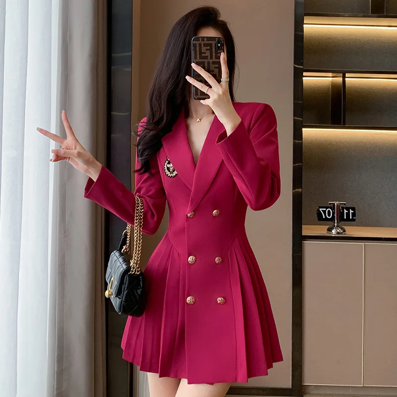 Korean Office Ladies Pleated Suit Dress Summer Short Sleeve Slim Waist Turndown Collar Solid Elegant A-line Knee Length Dresses