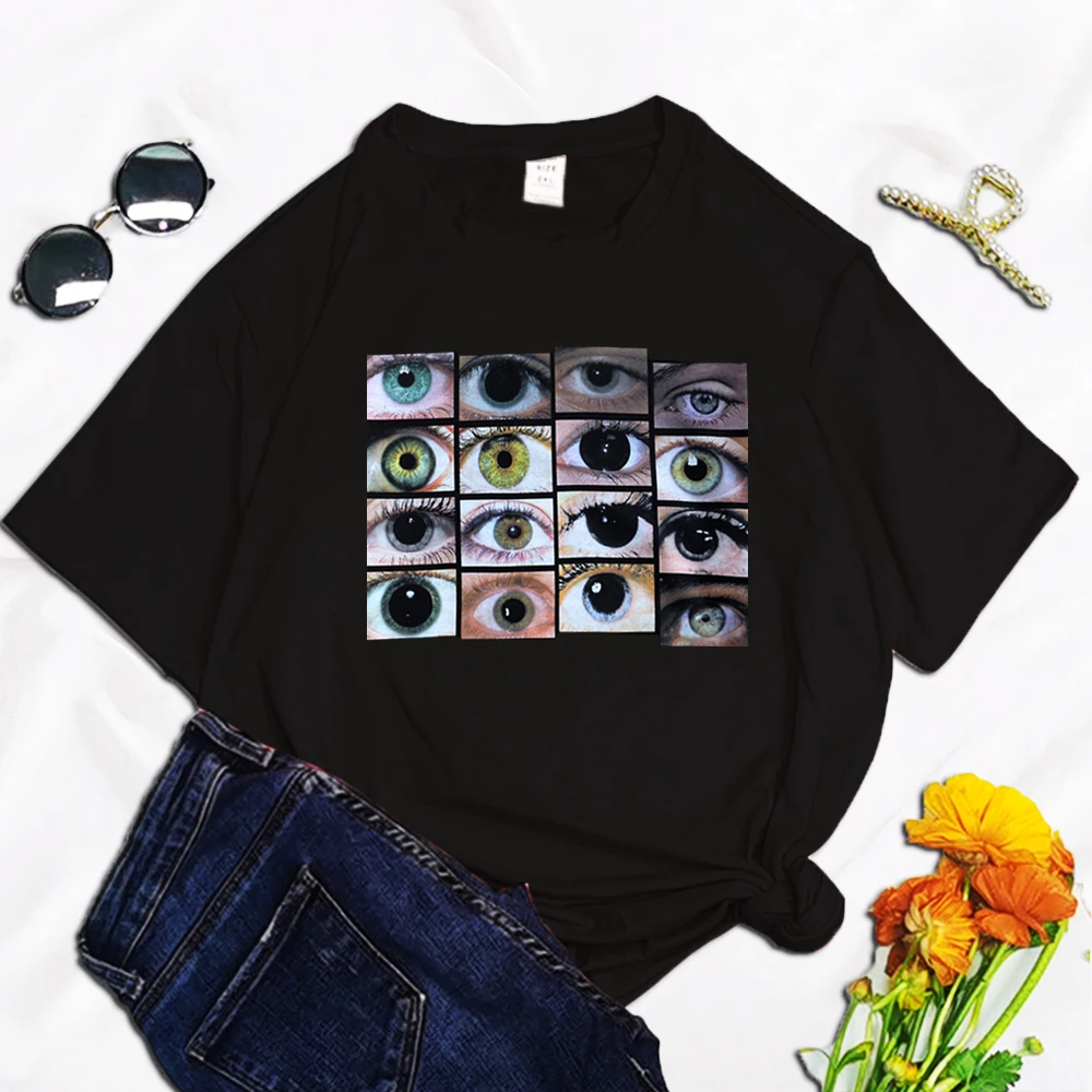 

Hip Hop Eyes Gothic Print T Shirt Top Women Summer Fashion Harajuku Punk Casual T-shirt Tops Base O-neck Black Tee short
