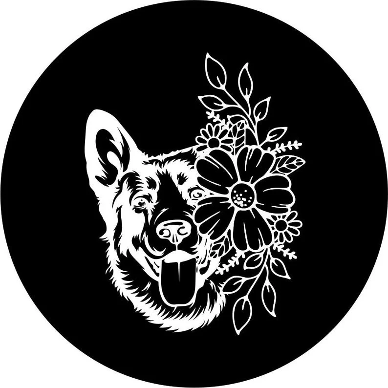 

German Shepherd with Flowers Spare Tire Cover for any Vehicle, Make, Model, Size - Jeep, RV, Travel Trailer,