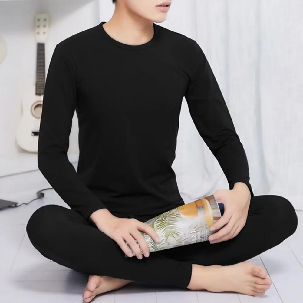 

2Pcs/Set Trendy Underwear Top Pants Washable Students Underwear Fleeced Lined Close Fit Crew Neck Underwear Top Pants Coldproof