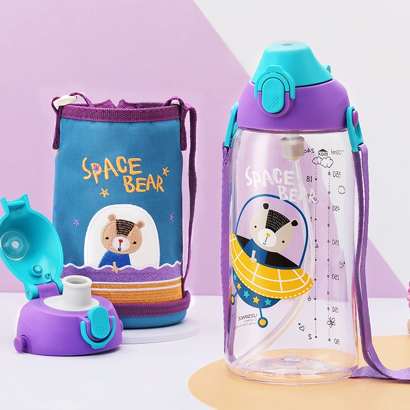 

UZSPACE 480ml Water Bottles With Straw Cartoon Baby Feeding Portable Leak-Proof Trian Eco-Friendly Plastic Drink Cups BPA Free