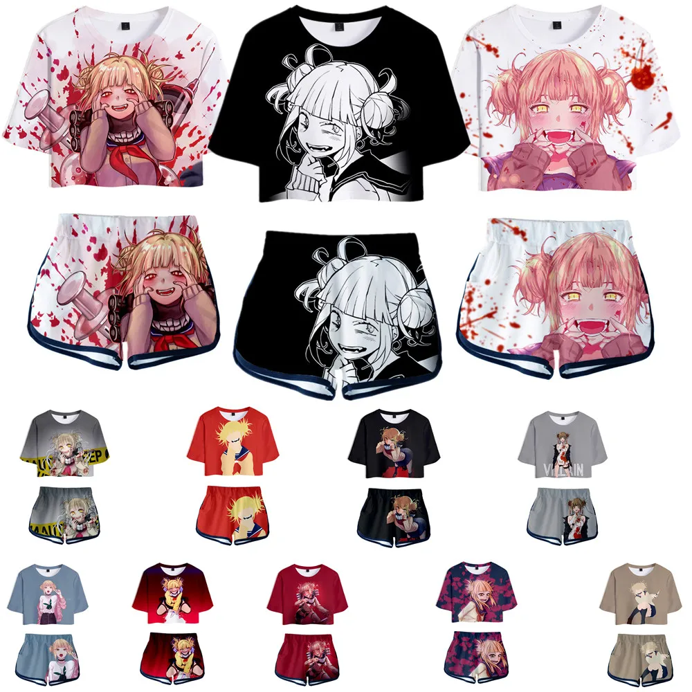 

My Hero Academia Anime Short Sleeve Summer Shorts Streetwear Two Piece Set Exposed Navel Suit Round Neck T-shirt Women Clothing