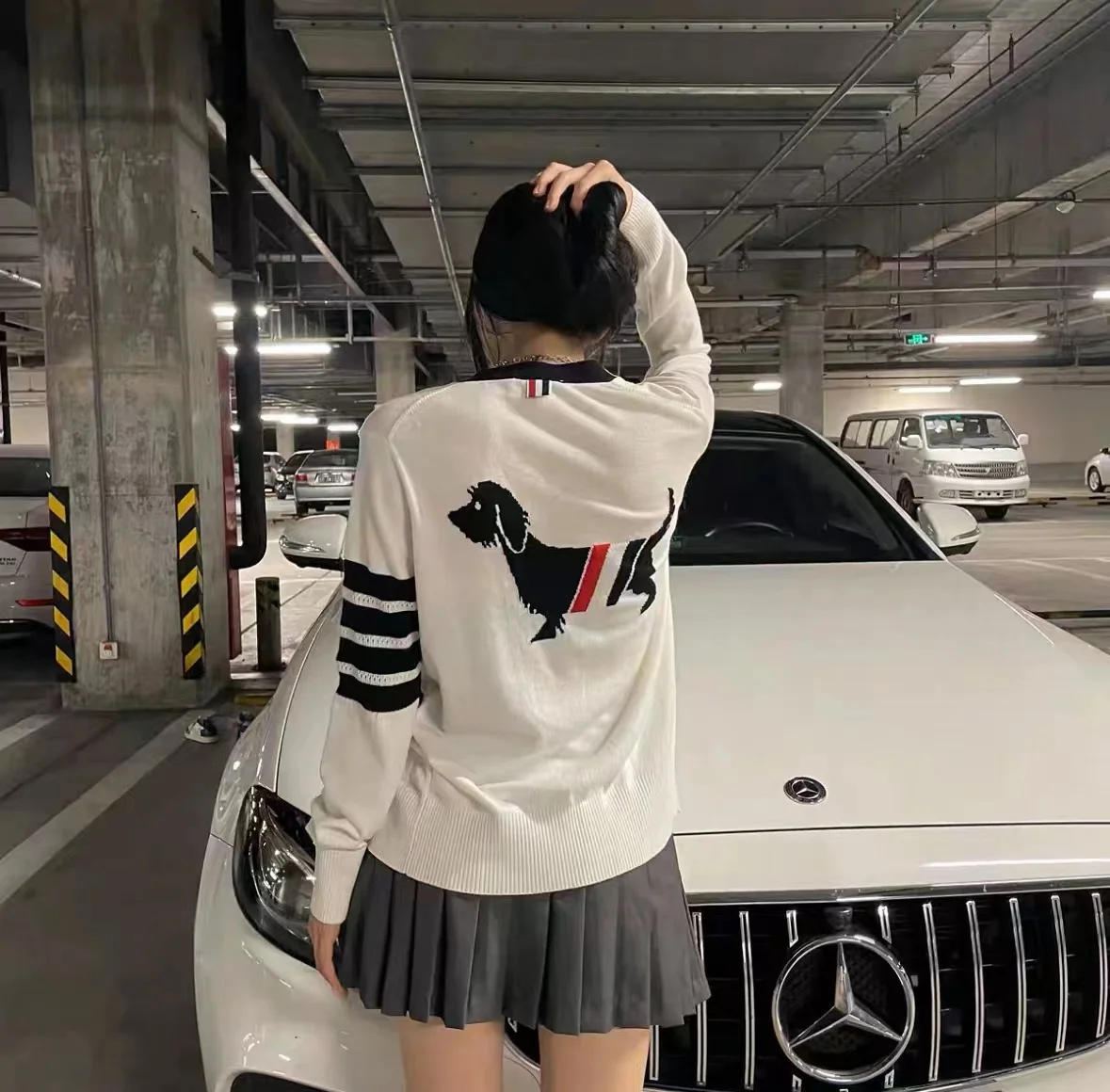 

Fahion TB Women Luxury Brand Puppy Style Black 4-Bar Striped Cardigan Korean Fashion Causal Simple Leisure Sweater