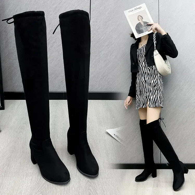 2022 Autumn and Winter Fashion New High-heeled Boots Thin Boots Stretch Knee Boots High-tube Boots Thick Heels Women
