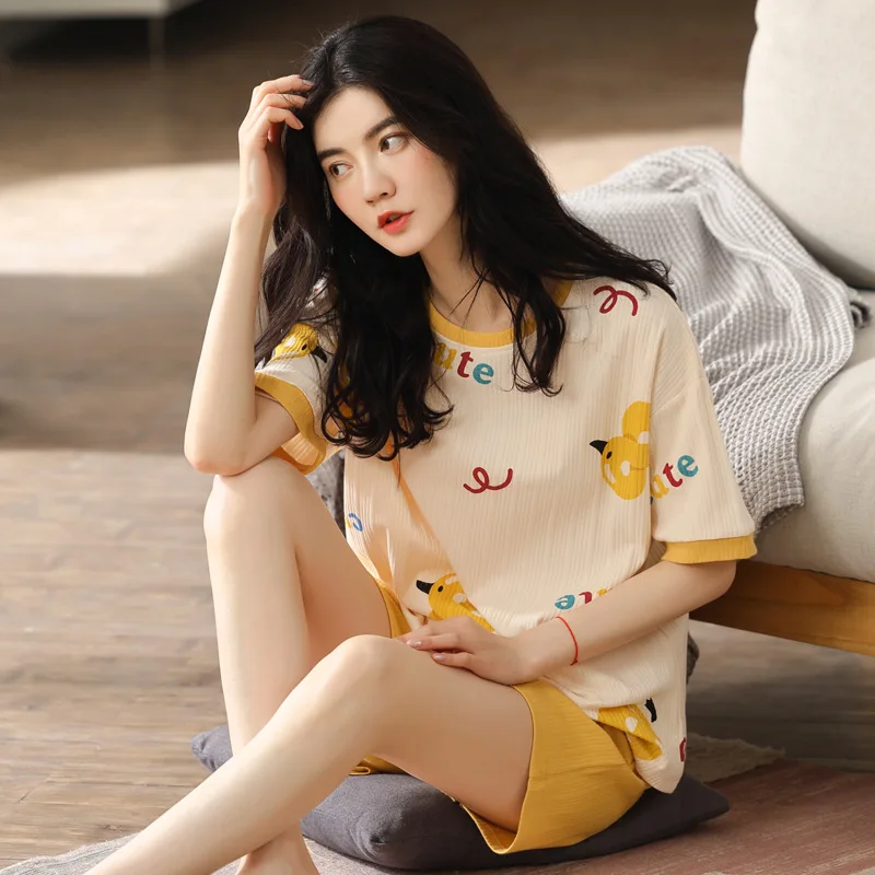 Pajamas women 2022 new summer short-sleeved shorts suits youth students cotton loose home clothes can go out