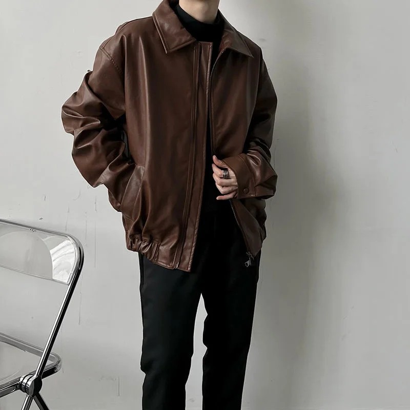 Black Brown Short Leather Jacket Men Fashion Casual Motorcycle Jackets Mens Streetwear Korean Loose Bomber Jacket Men Outwear