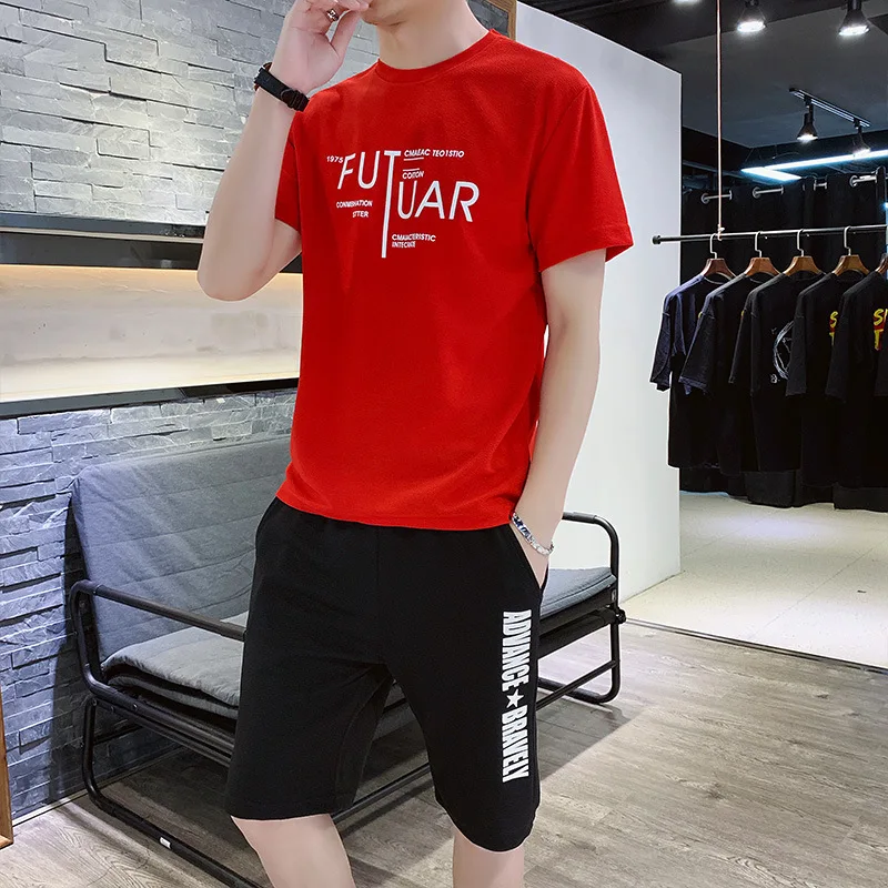 Two-Piece Suit for Men 2022New Foreign Trade Running Leisure Men's Short SleeveTT-shirt Summer Sports Student Shorts Suit