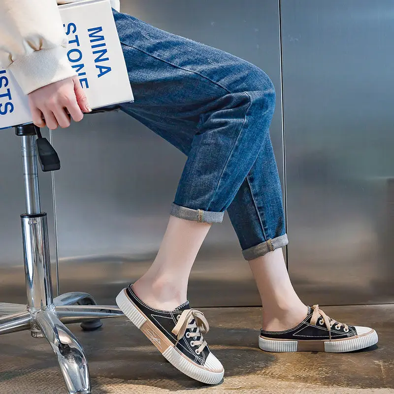 Women's Biscuit Canvas Shoes Student Korean Summer New Canvas Half Slippers Ulzzang All-match Sneakers Breathable Half Slippers