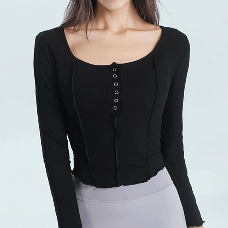 

Ladies Crop Top Seams Long Sleeve Top Hem Sheath T-shirt With Button U-shaped Casual Tops Women Slim Camisetas Top Femme