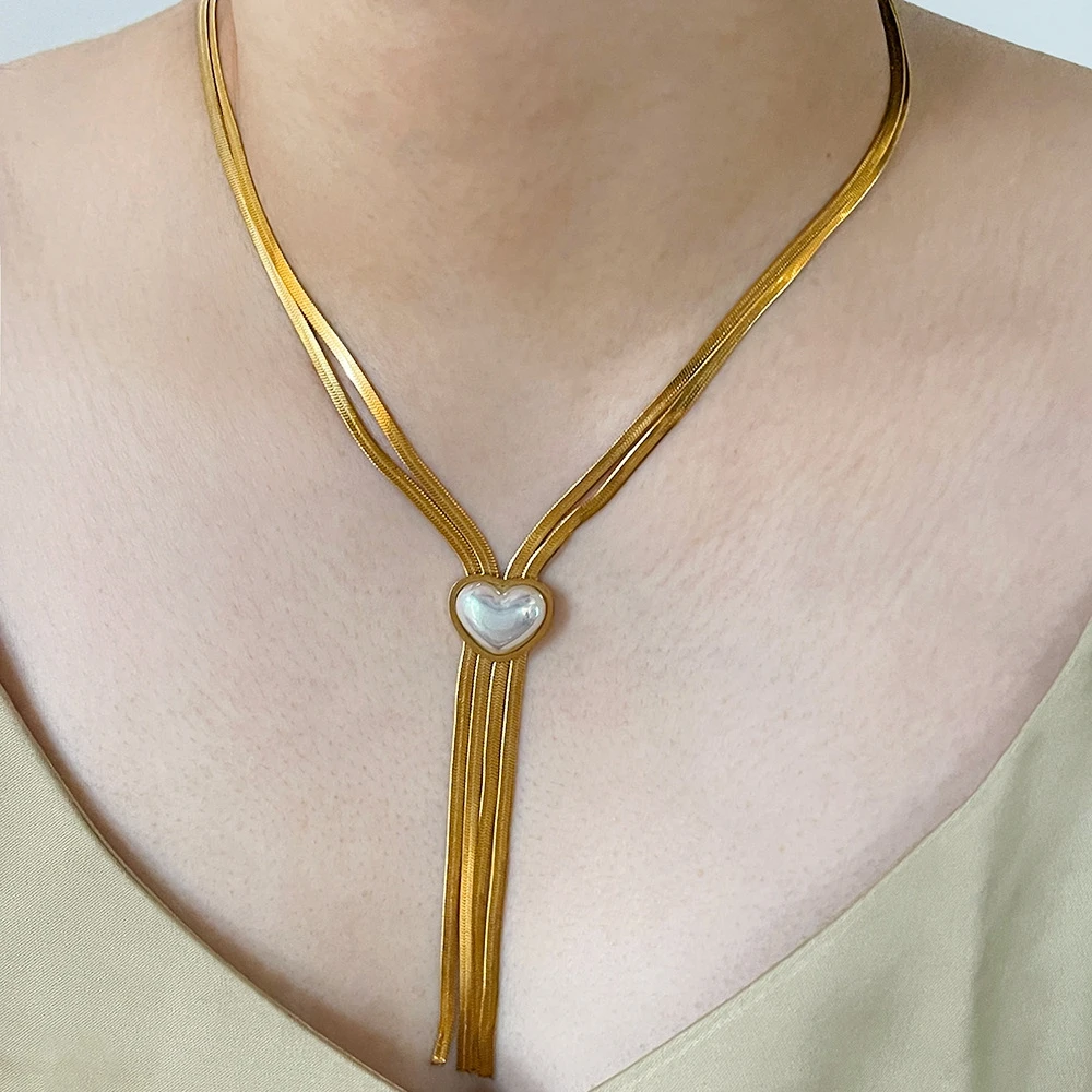 

Minar Elegant 18K Gold Plated Stainless Steel Long Tassel Choker Necklace for Women Imitation Pearl Love Heart Pendant Necklaces