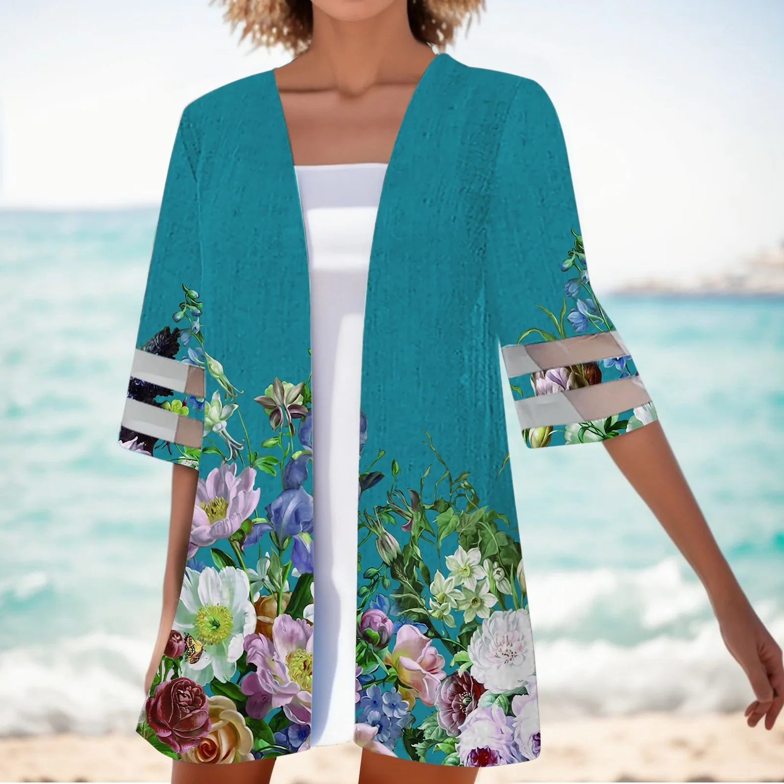 

Ladies print casual loose seven-point sleeve lace cardigan jacket Short Sleeve Cardigan Women